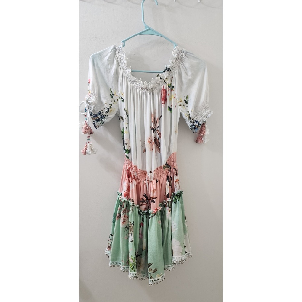 Hemant and Nandita Floral Tiered Mini Dress Smocked Waist Beaded Tassels Small - Picture 9 of 14
